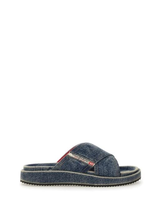 DIESEL Blue Denim Slides With Criss Cross Straps