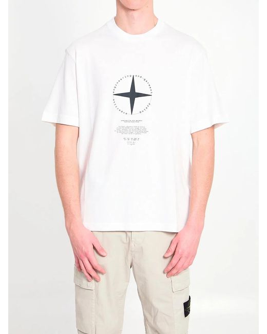 Stone Island White Regular Fit T-Shirt With “Light Compass” Print for men