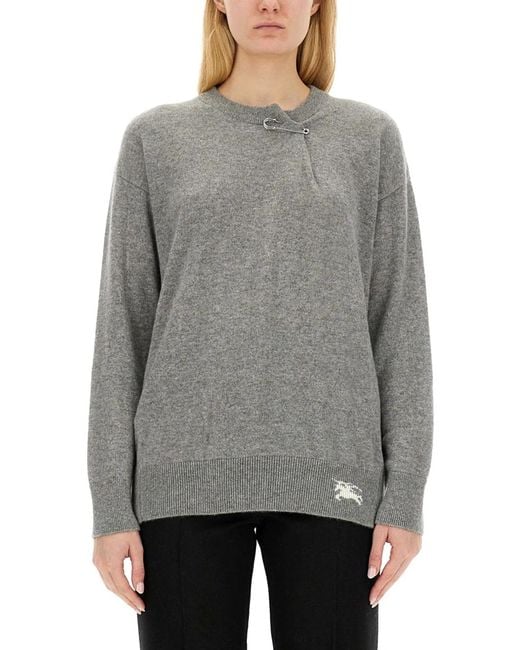 Burberry Gray Cashmere Sweater With Kilt Pin