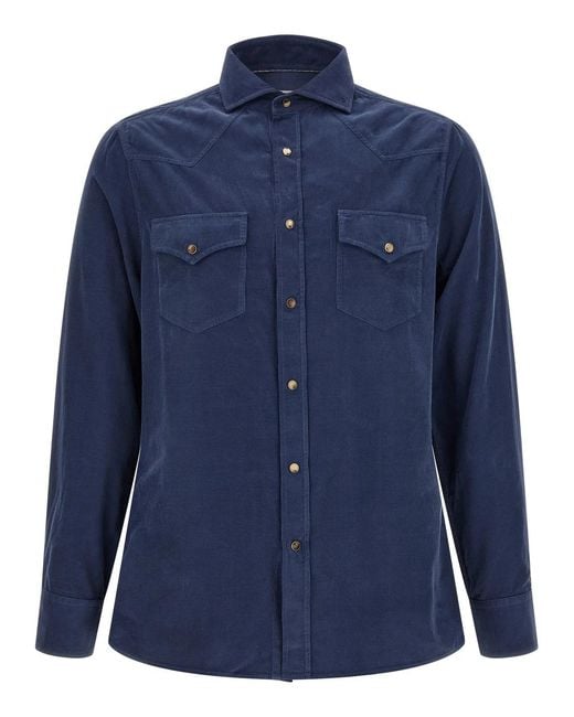 Brunello Cucinelli Blue Corduroy Shirt for men