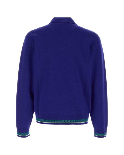 Versace Blue Knit Sweater Greca Tipping for men