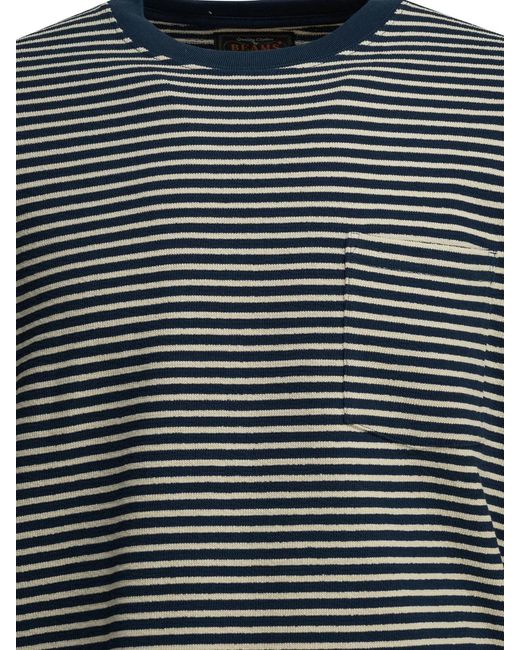 Beams Plus Gray Cotton Striped Crewneck T-Shirt for men