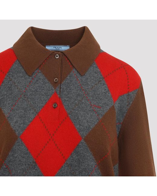 Prada Red Tabacco Ardesia Argyle Knit Polo Sweater