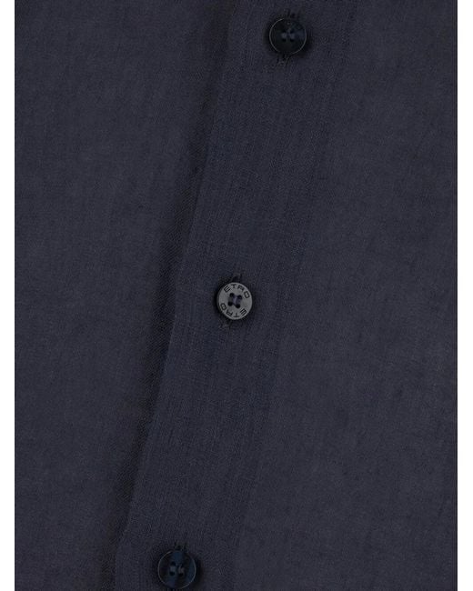 Etro Blue Linen Shirt With Pegaso Embroidery for men