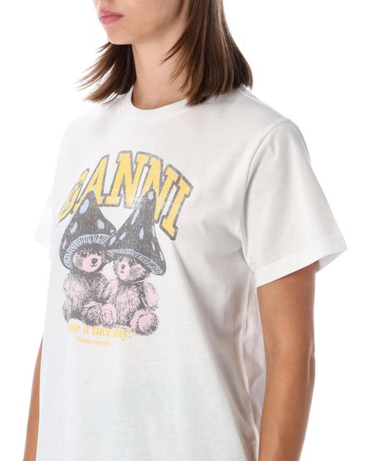 Ganni White Basic Tshirt Ss Teddy Mushrooms