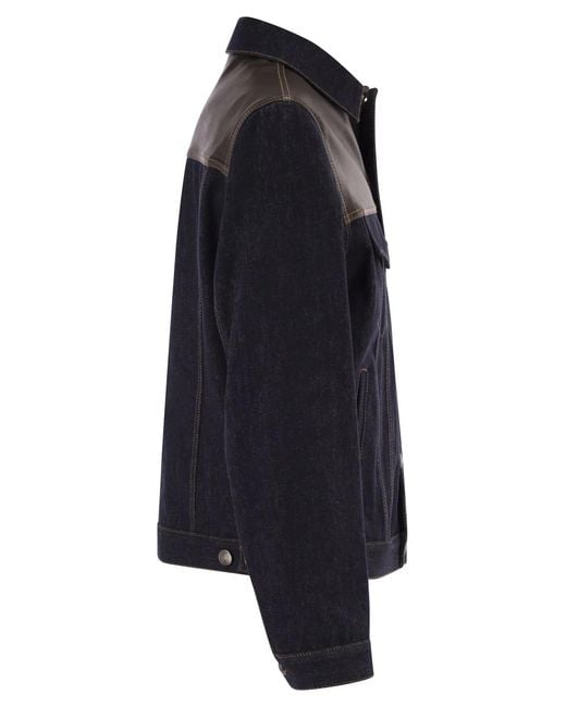 Brunello Cucinelli Black Cotton Denim Jacket With Leather Details for men