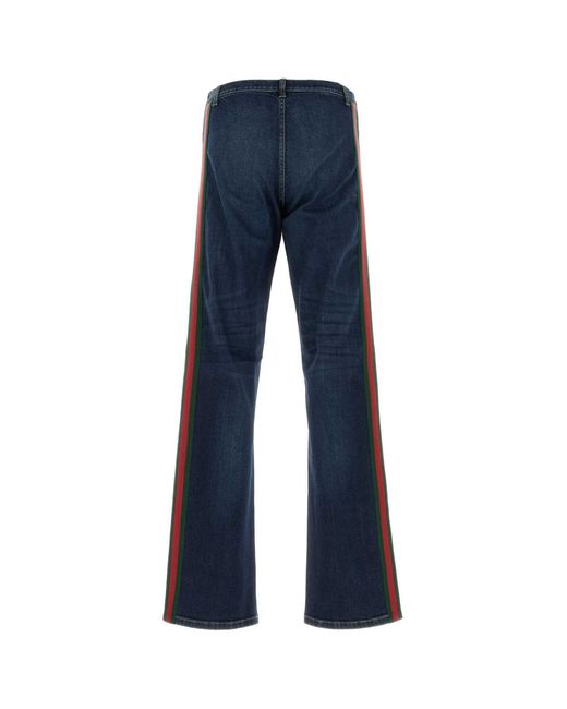 Gucci Blue Cotton Denim Trousers With Web Ribbon for men