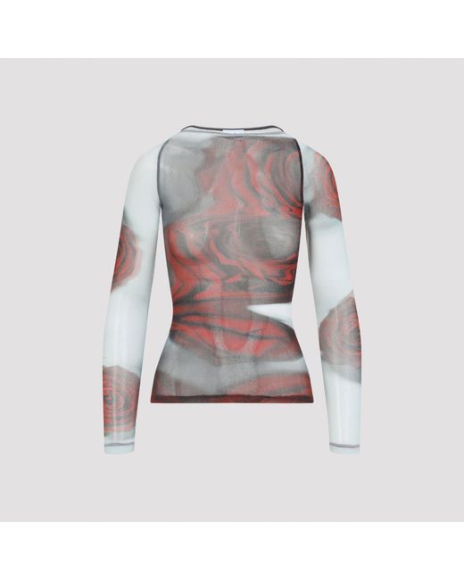 Jean Paul Gaultier Gray Slim Fit Sheer Mesh Top With Blurred Rose Graphic