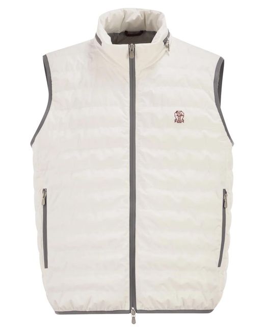 Brunello Cucinelli White Sleeveless Nylon Down Jacket With Logo And Removable Hood for men