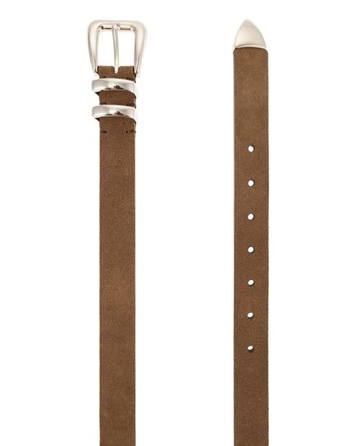 Brunello Cucinelli Brown Slim Suede Belt With Polished Metal Details for men