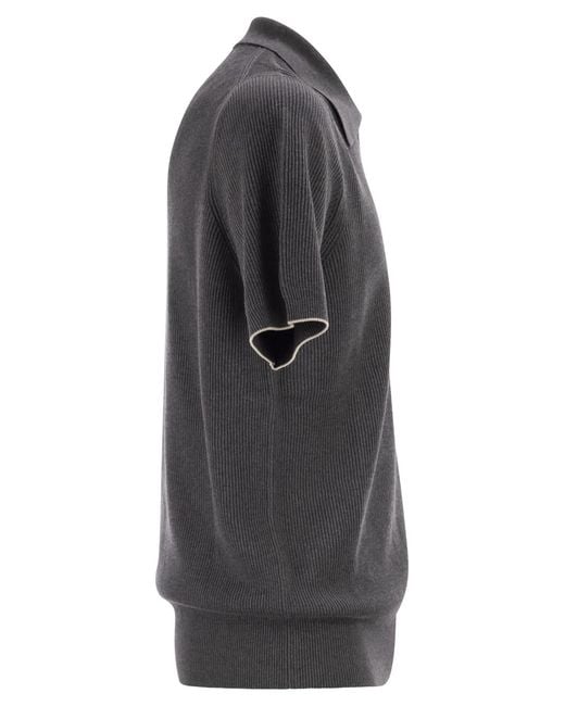 Brunello Cucinelli Black Cotton Rib Knit Polo Shirt for men