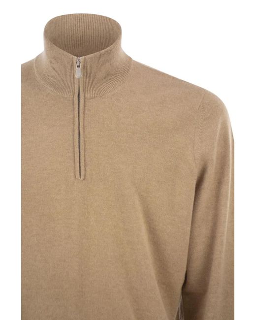 Brunello Cucinelli Natural Cashmere Turtleneck Sweater With Zipper for men