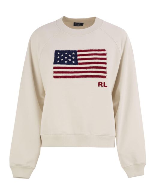 Polo Ralph Lauren White Sponge Crew Neck With Logo And Flag