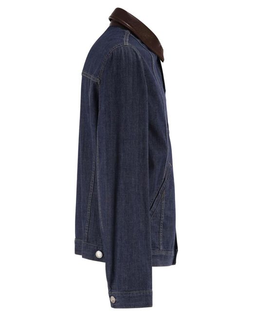Brunello Cucinelli Blue Lightweight Denim Jacket With Leather Collar for men