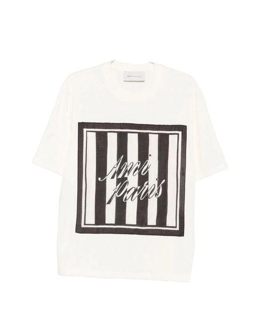 AMI White Logo-Print Striped-Patch T-Shirt for men
