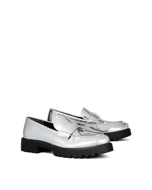 Tory Burch White Mirrored Metallic Classic Logo Lug Loafers