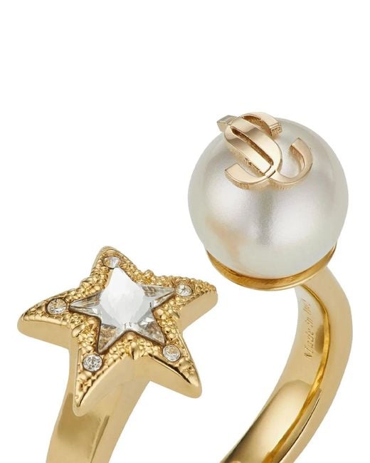 Jimmy Choo Metallic Finish Metal Ring With Crystal Star And Pearl