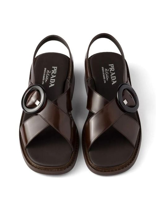 Prada Black Brushed Leather Crisscross Band Sandals With Plexiglas Buckle Shoes