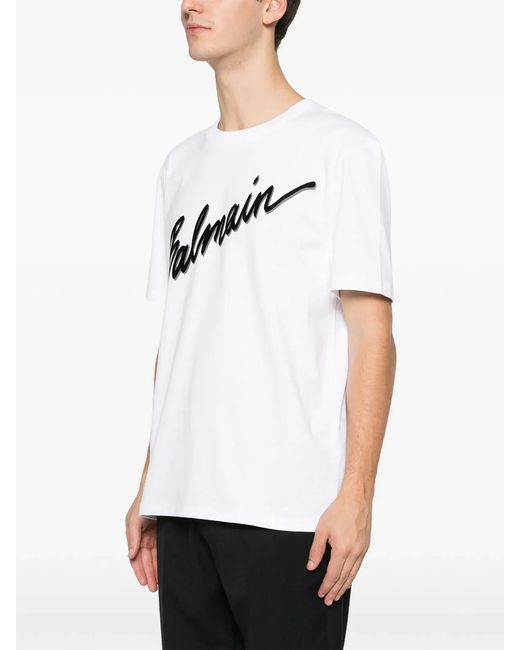 Balmain White Lettre Flocked T-Shirt for men