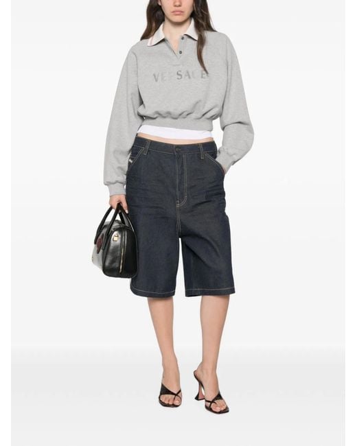 Versace White Logo-Embroidered Cropped Sweatshirt