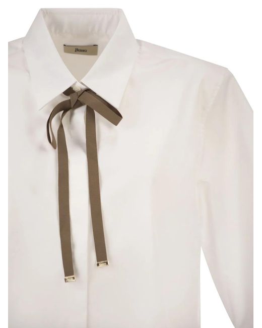 Herno White Cropped Cotton Shirt With Ribbon Bow
