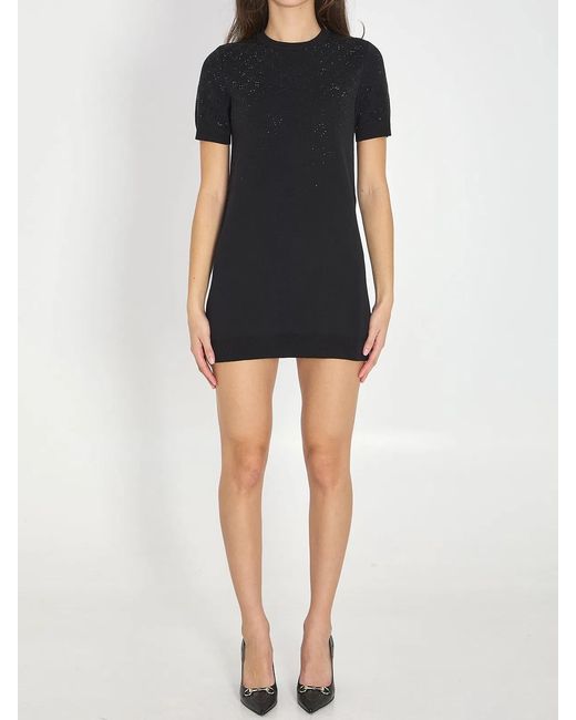 Gucci Black Fine Wool Dress With Gg Crystals