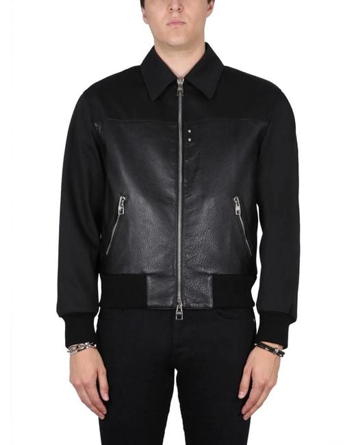McQueen Black Leather Bomber Jacket for men
