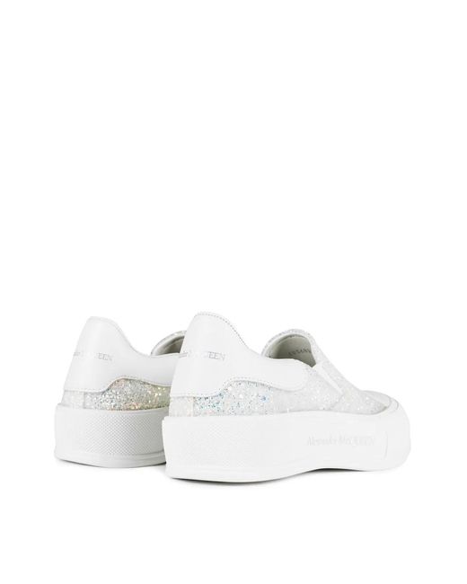 McQueen White Deck Plimsoll Glitter Slip On Sneakers
