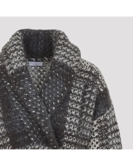 Brunello Cucinelli Gray Avorio Piombo Macrocheck Cardigan Coat