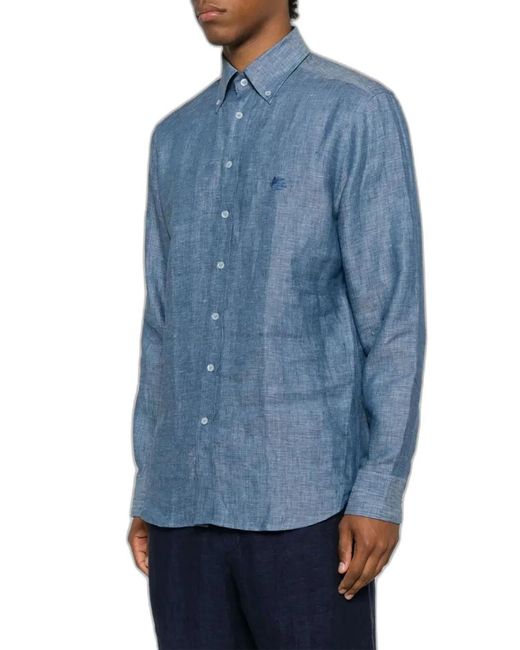 Etro Blue Air Force Linen Roma Logo Shirt for men