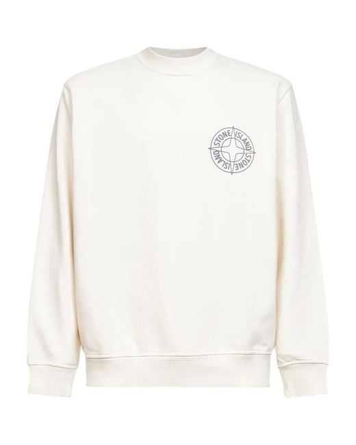 Stone Island White Oversized Crew Neck Sweatshirt With “Outline Compass” Print for men