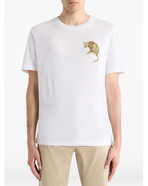 Etro White Cotton T-Shirt With Leopard Print And Embroidery for men