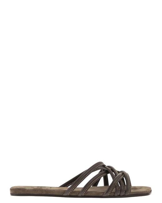 Brunello Cucinelli Black Flat Leather Sandals With Criss-Cross Straps