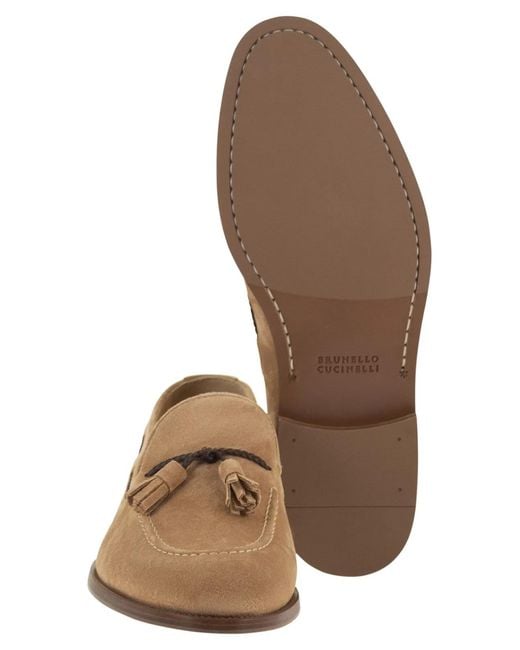 Brunello Cucinelli Brown Suede Loafers With Tassels for men