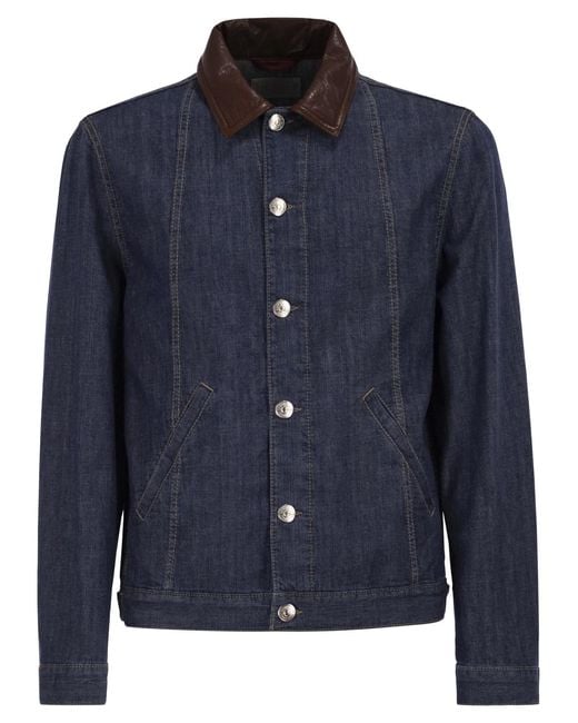 Brunello Cucinelli Blue Lightweight Denim Jacket With Leather Collar for men