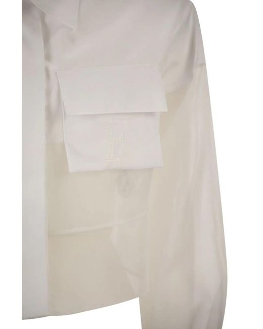 Elisabetta Franchi White Cropped Cotton Shirt With Silk Organza Inserts
