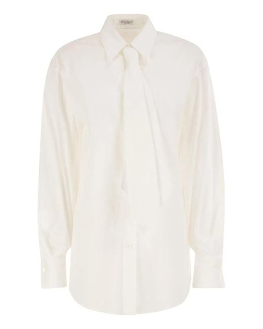 Brunello Cucinelli White Stretch Cotton Shirt With Tie