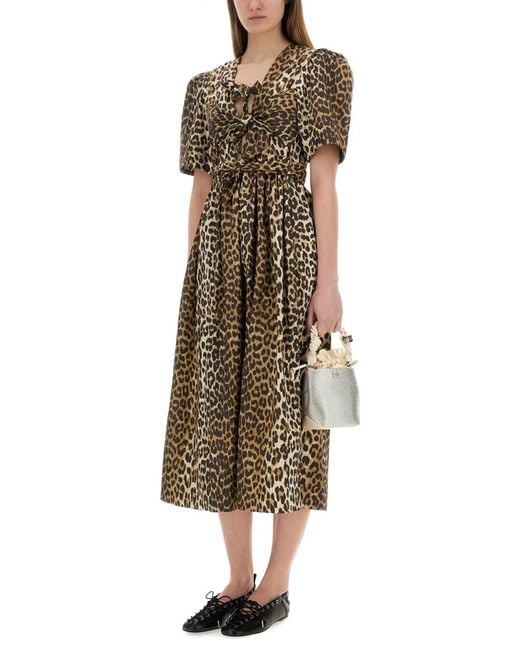 Ganni Natural Leopard Print Midi Dress