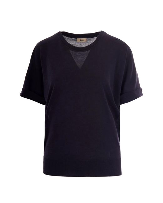 Herno Blue Lyocell Cotton Pleated Round-Neck T-Shirt