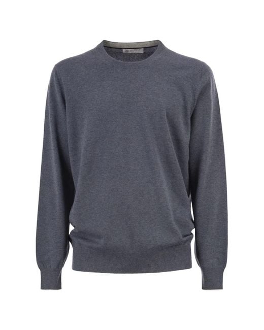 Brunello Cucinelli Blue Cashmere Crew Neck Sweater for men