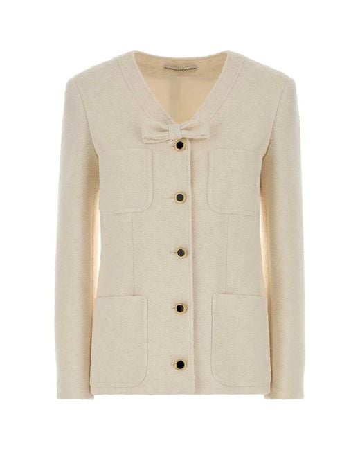 Alessandra Rich Natural Tweed Boucle Jacket With Bow And Pockets