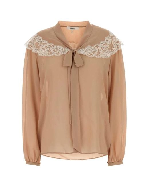 Chloé Natural Lace-Trim Tie-Neck Shirt
