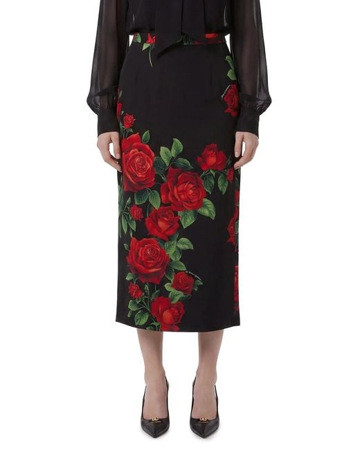 Dolce & Gabbana Black Dolce&Gabbana Rose Print Midi Skirt