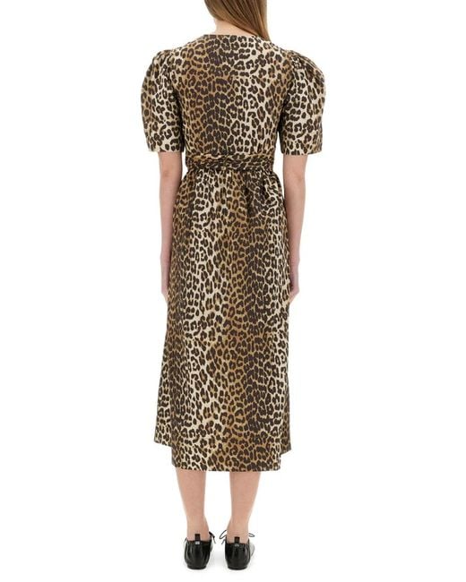 Ganni Natural Leopard Print Midi Dress