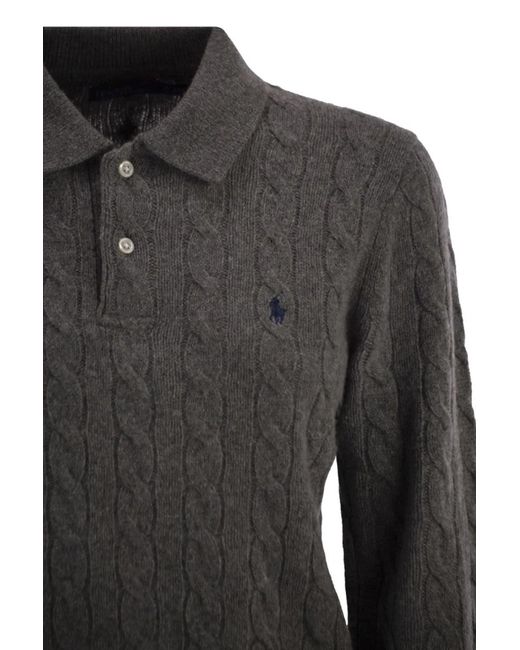 Polo Ralph Lauren Black Wool And Cashmere Polo Shirt With Cable Knit
