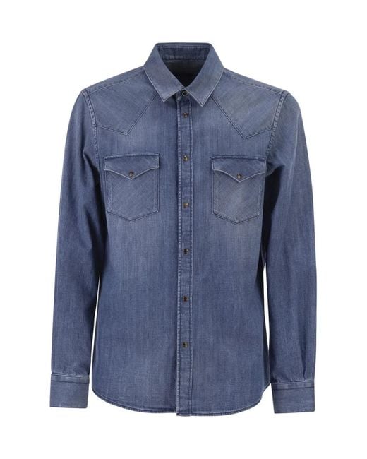 Peserico Blue Lightweight Cotton Denim Shirt With Patch Pockets for men
