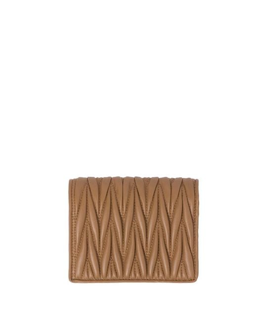 Miu Miu Brown Small Matelassé Nappa Leather Wallet With Snap Closure