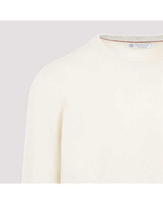 Brunello Cucinelli White Burro Nebbia Cashmere Crewneck Sweater for men