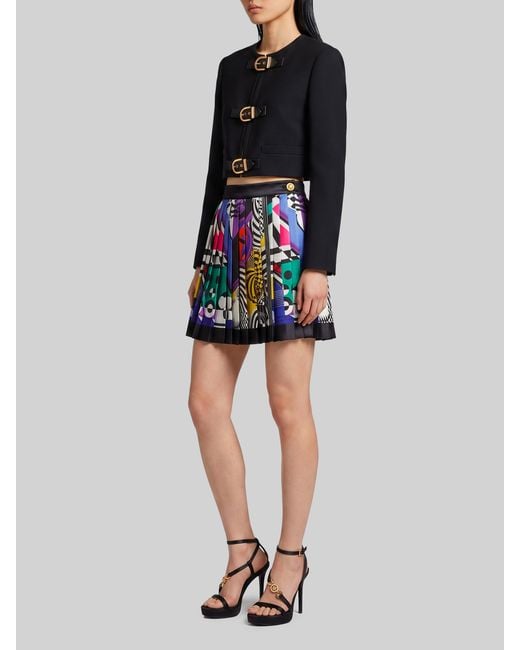 Versace Blue Printed Silk Twill Pleated Miniskirt