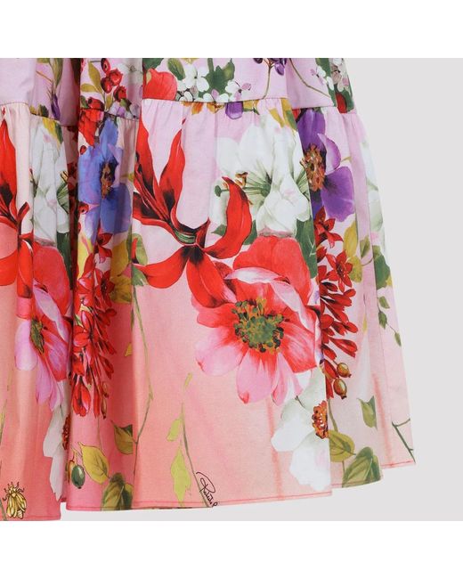 Roberto Cavalli Red Miami Flowers Cotton Midi Skirt